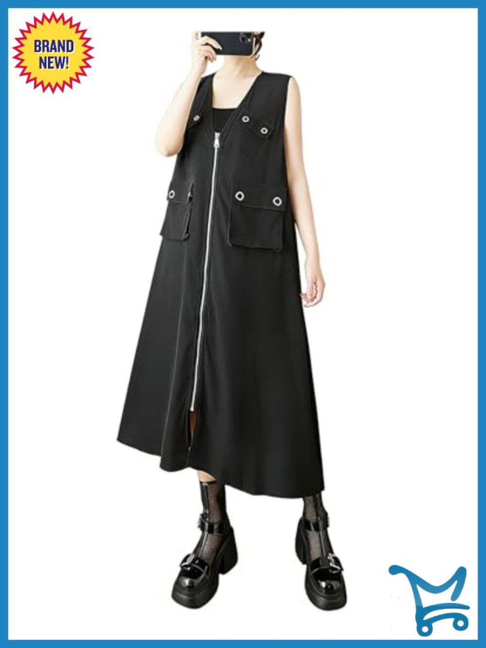 Cotton Blend Sleeveless Zip Up V-Neck Flowy Casual Dress